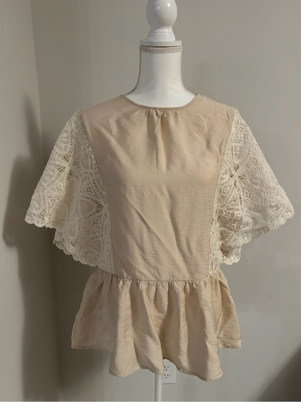 Lace Sleeve Peplum Top - Cream